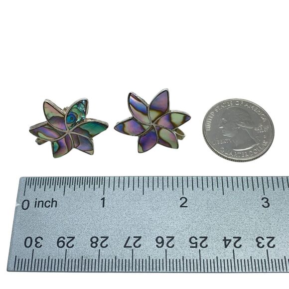 Vintage Sterling Silver 925 Sterling Abalone Flower Inlay Screw Back Earrings - Picture 7 of 7